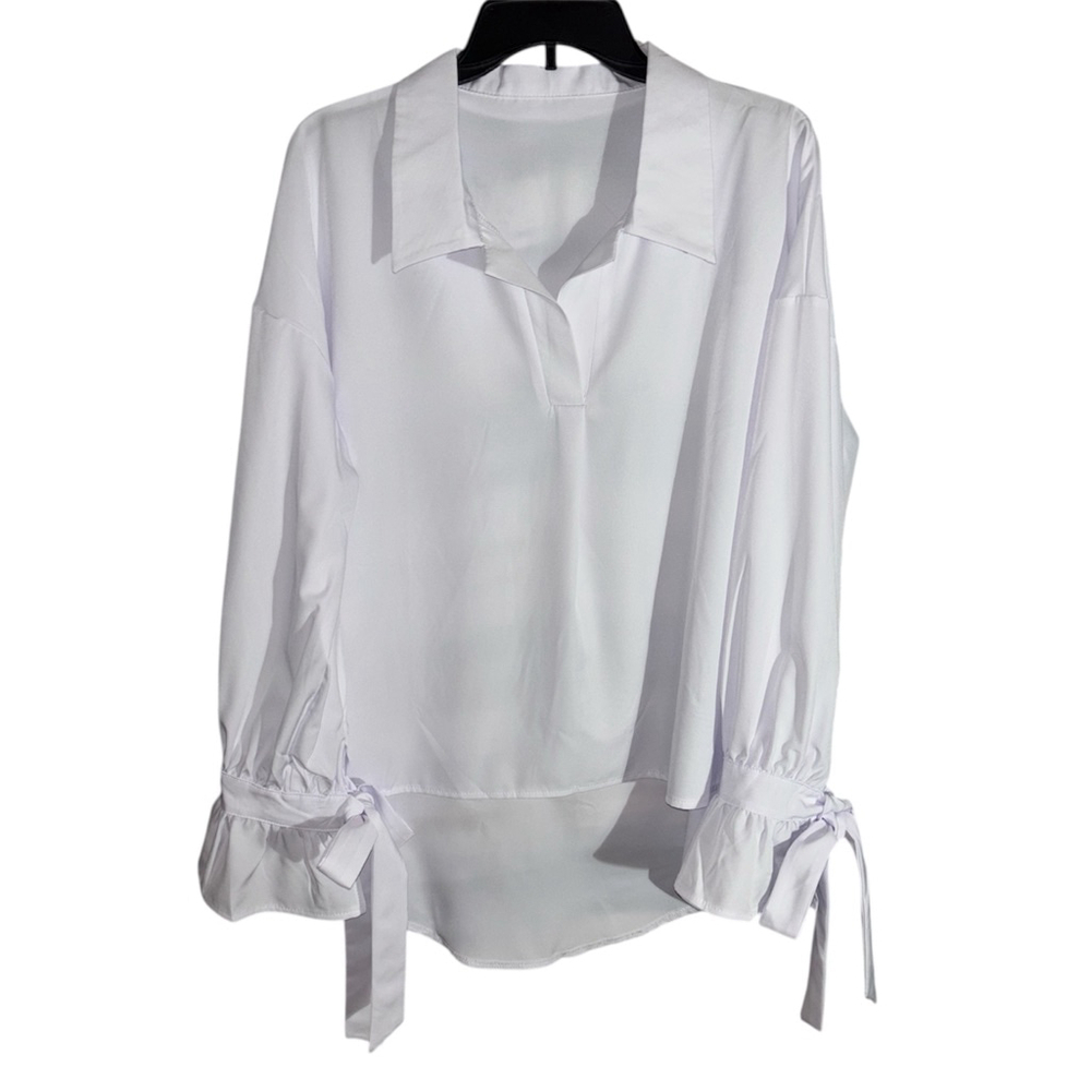 White Oversized Hi-Lo Blouse with Ruffled Cuffs & Tie Sleeves Boutique Size - Picture 10 of 11